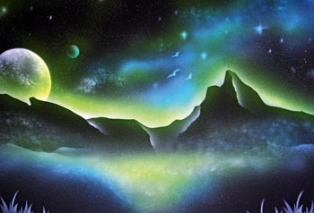 Schwarzlicht-Airbrushbild auf Papier, Motiv: Berge, Planeten und Sterne