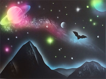 Schwarzlicht-Airbrushbild auf schwarzem Papier, Motiv: Weltall mit Planeten und Saturn