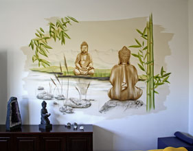 Wandbild, Motiv: Zwei Buddhas, die am Fluss sitzen